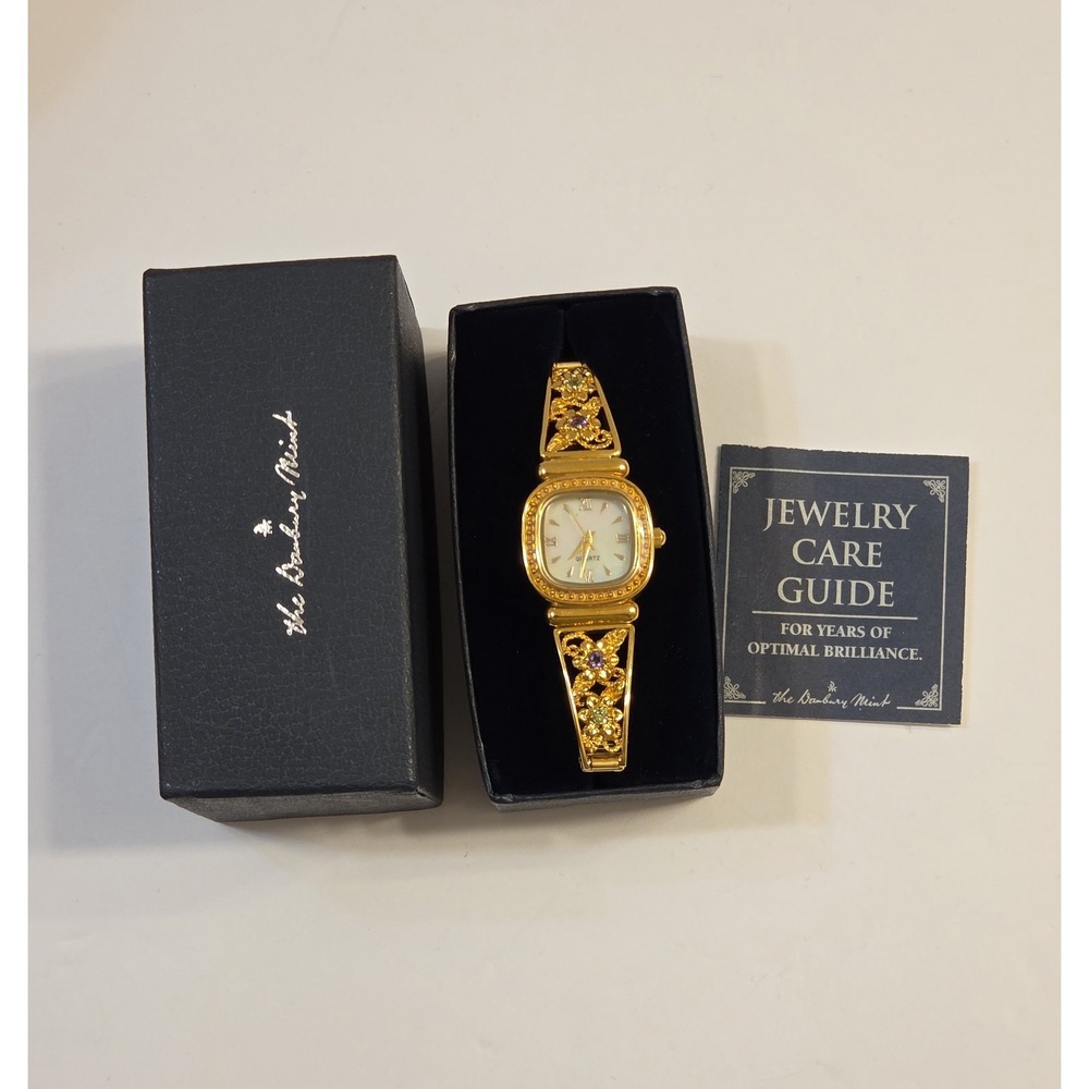 Danbury Mint Stretch Watch Amethyst & Peridot Stones Mother of Pearl Dial